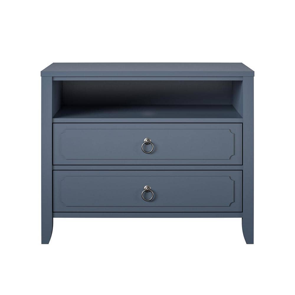 Blue 2-Drawer Nightstand with Open Cubby and Wood Legs