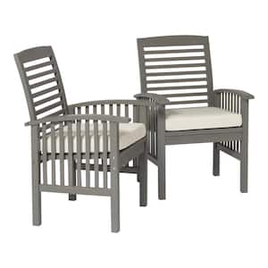 Chevron Grey Wash Removable Cushions Acacia Wood Patio Dining Chairs with Beige Cushions (Set of 2)