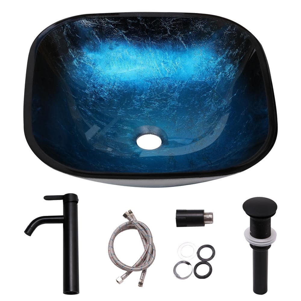 LORDEAR 16-3/4 in. Bathroom Vessel Sink Square Tempered Glass Basin ...