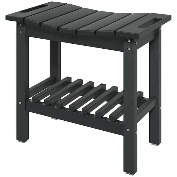 HDPE Plastic Shower Bench, Waterproof Shower Stool with Handle, Storage Shelf, Non-Slip Pads for Indoor, Outdoor, Black