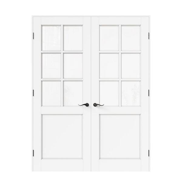 ARK DESIGN 64 in. x 80 in. 6-Lite Clear Glass Universal White Solid Core Wood Double Prehung French Door plus Separate Jamb Lockset