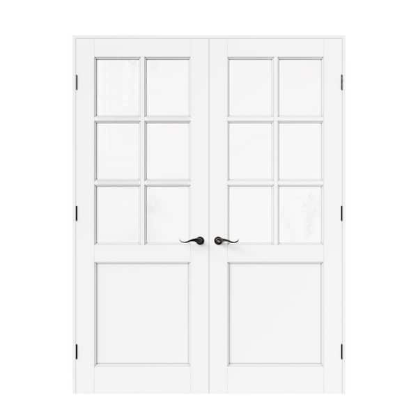 64 in. x 96 in. 6-Lite Clear Glass Universal White Solid Core Glass Double Prehung French Door+ Quick Assemble Jamb