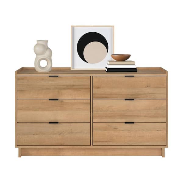 Simply Modern Natural Oak 6 Drawer 52.5 in. Dresser Chest of Drawers, Wide Dresser for Bedroom and Clothes Storage