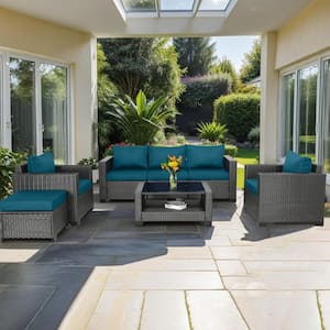 Outdoor Furniture Set 7-Piece Rattan Sectional Outdoor Seating with Wicker Sofas, Ottomans, Peacock Blue Cushions, Table