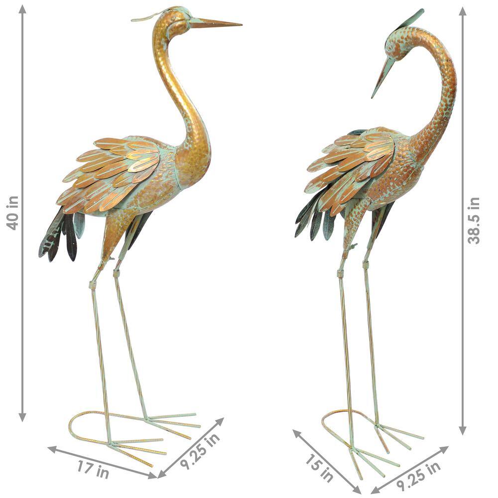 Golden and Blue Iron Crane Garden Statue Set, 40-inch
