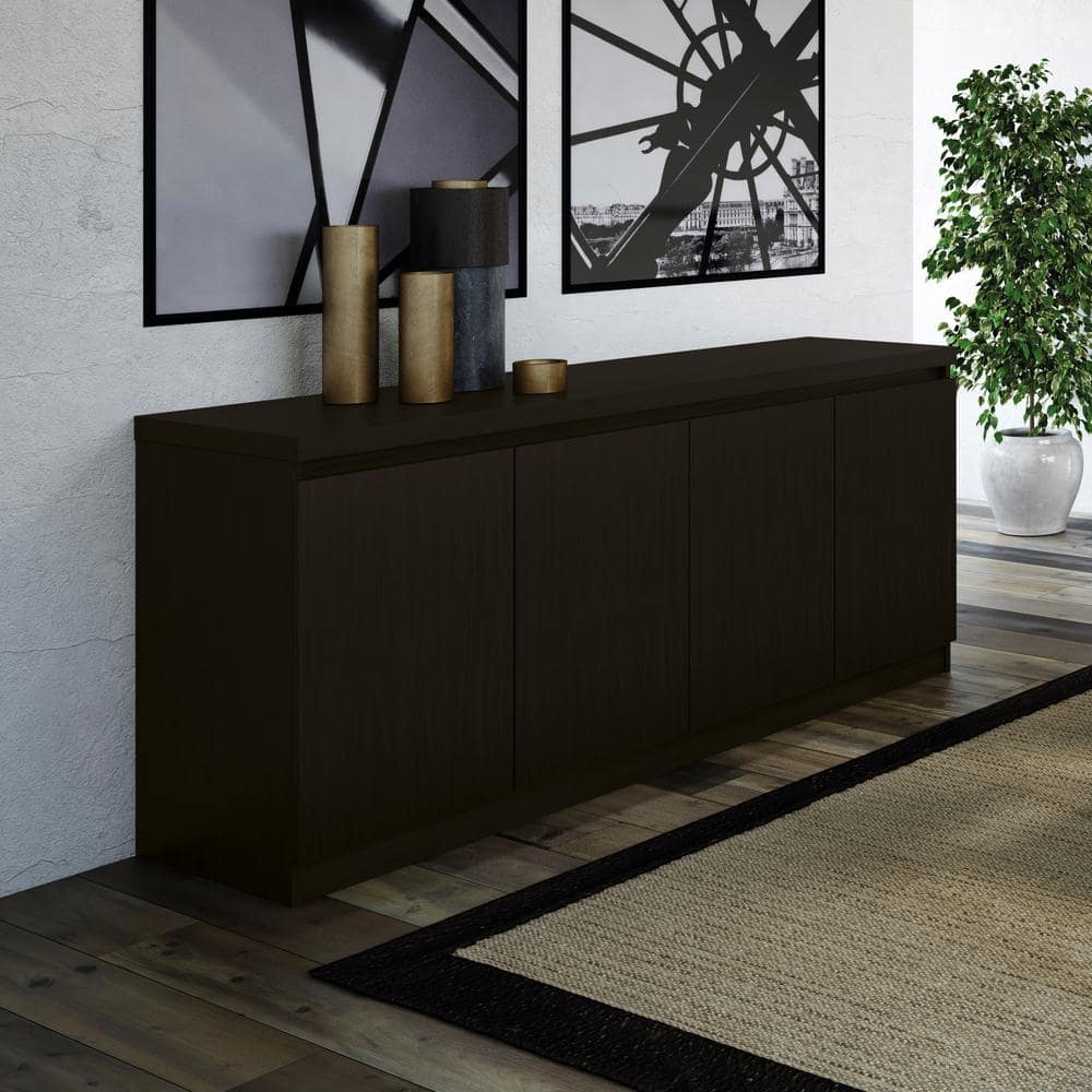 Contemporary Matte Black Wood 6-Shelf Buffet Cabinet