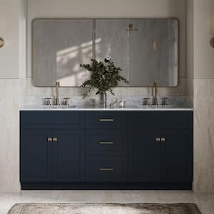 Hamlet 73 in. W x 22 in. D x 35.25 in. H Double Freestanding Bath Vanity in Midnight Blue with White Marble Top