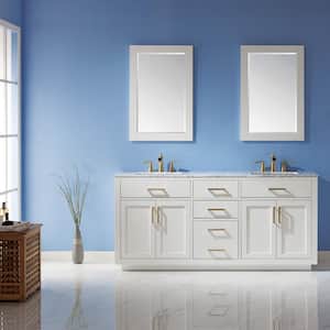Ivy 72 in. Double Bathroom Vanity Set in White and Carrara White Marble Countertop with Mirror