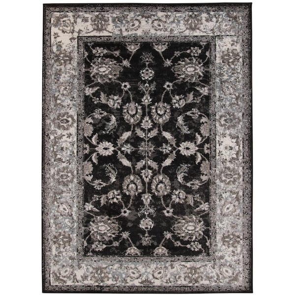 Alexandria 4 x 6 Black/Ivory Bordered Pattern Area Rug for High Traffic Living Room Dining Room Bedroom