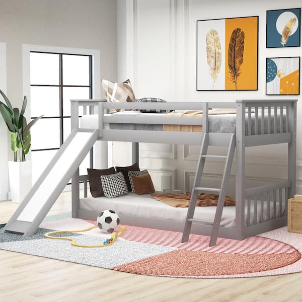 Harper & Bright Designs Gray Solid Wood Twin Over Twin Bunk Bed with Slide and Ladder