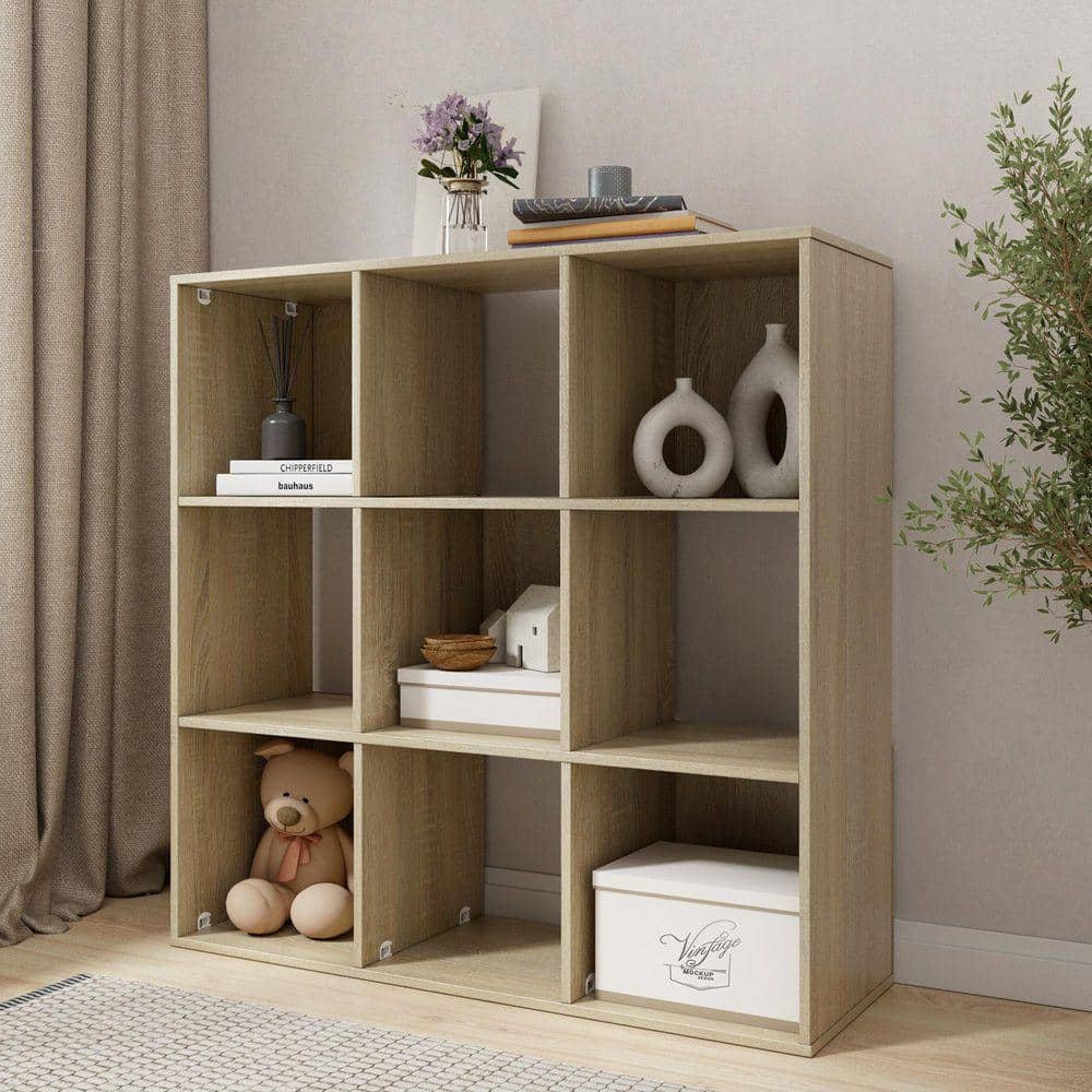 Homez 34.96 in. Tall Natural Oak Wood 3-Shelf Etagere Bookcase HMZ