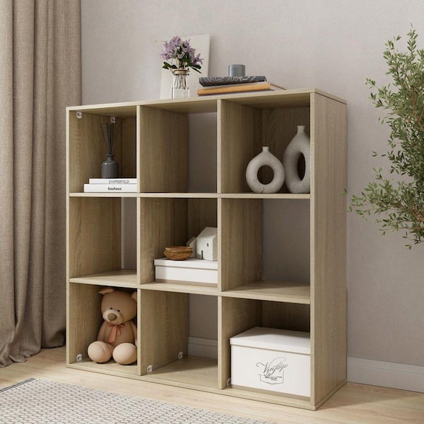 34.96 in. Tall Natural Oak Wood 3-Shelf Etagere Bookcase