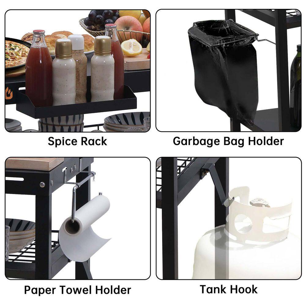 Black Steel Three-Shelf Outdoor Grill Cart with Wheels
