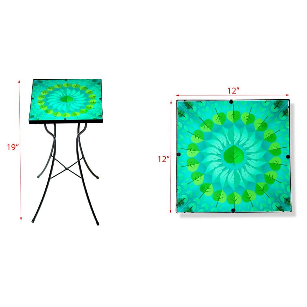 Green and Teal Leaf Design Glass and Metal Side Table