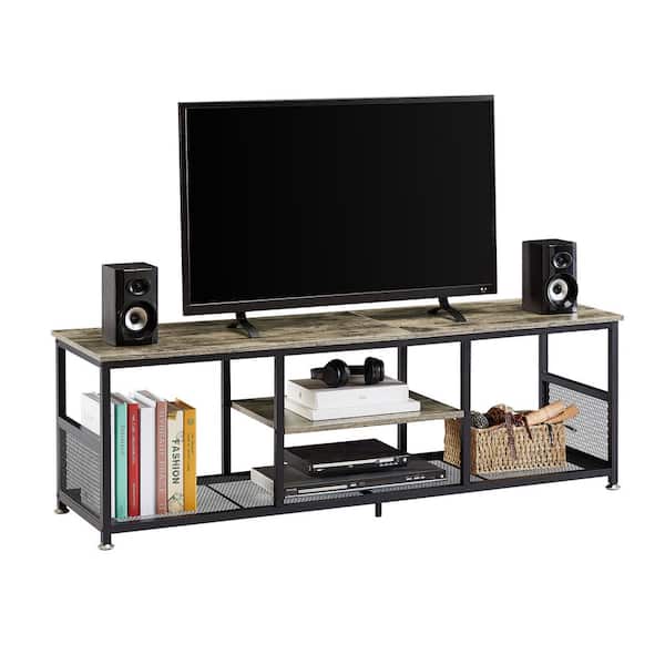 VECELO Industrial TV Stand for Televisions up to 60 in. 55 in. TV Console with Open Storage Shelves 3-Tiers Console Table, Gray
