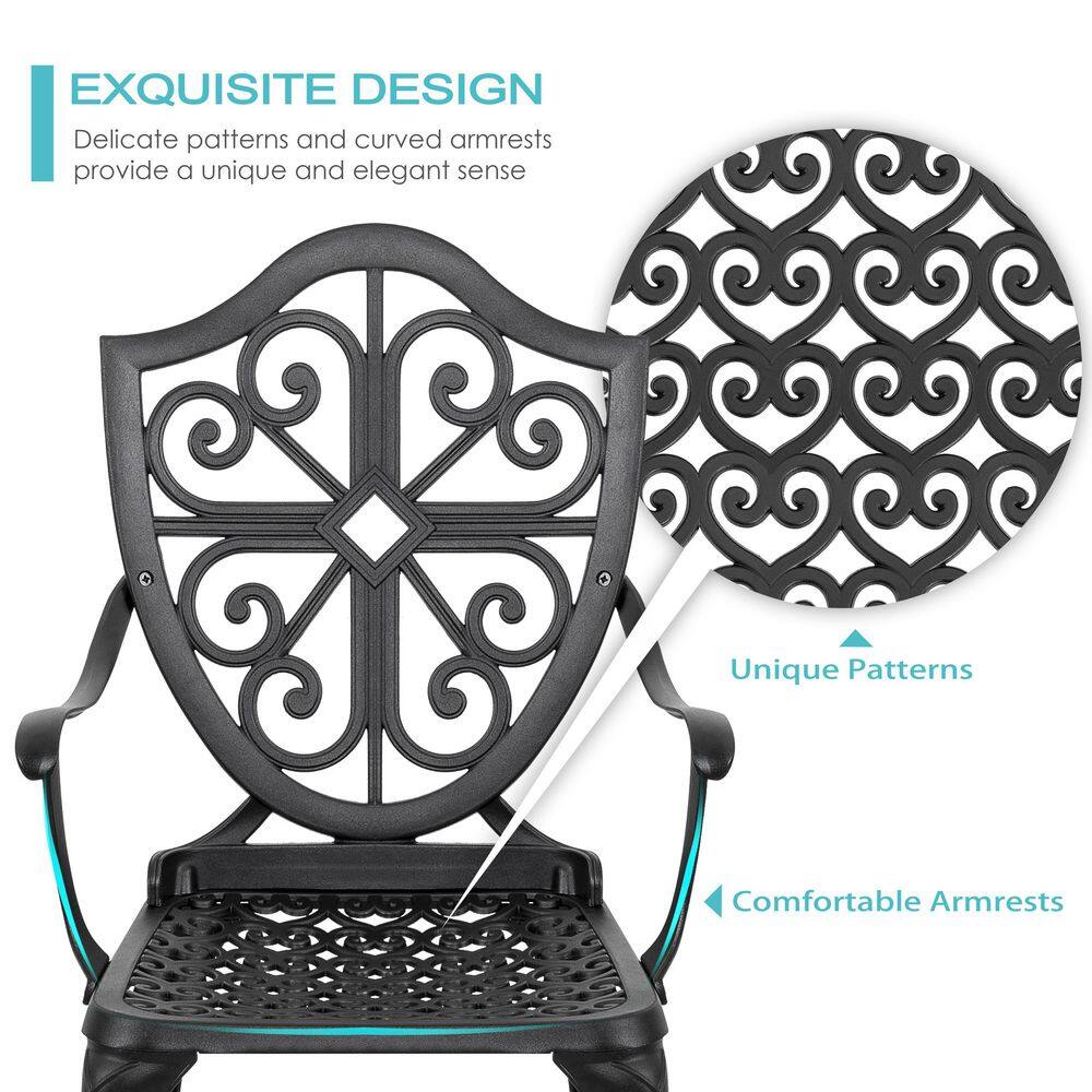 Black Cast Aluminum 3-Piece Vintage Bistro Set with Floral Design