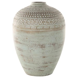 Antique Style Ceramic Decorative Vase with Geometric Tribal Carvings, Green