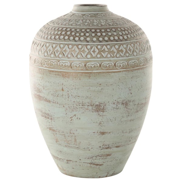 Litton Lane Antique Style Ceramic Decorative Vase with Geometric Tribal Carvings, Green