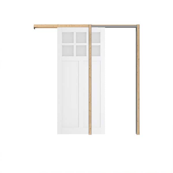 TENONER 30 in. x 80 in. 6 Lites, Frosted Glass, Panel Sliding Door, MDF 1 Panel White Wood Pocket Door Frame with Hardware