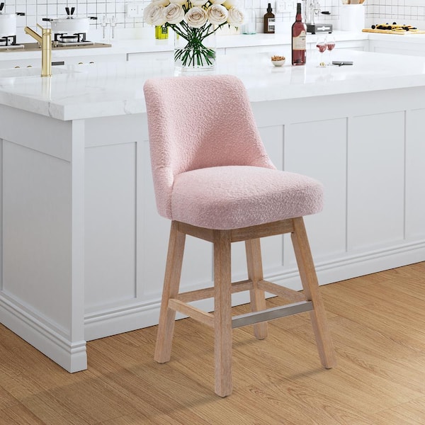 26 in. Stain Resistant Boucle Upholstered Counter Height Wood Frame Swivel Bar Stool in Dusty Pink