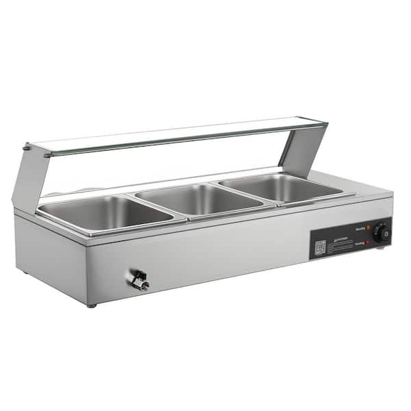 Commercial Food Warmer, 1500W Stainless Steel Bain Marie with Glass Cover and 3 1/2 Size Pans for Catering and Buffets