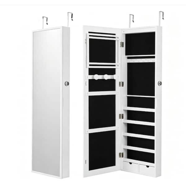 47.05 in. Lockable LED Mirror Jewelry Cabinet, Wall and Door Mount Jewelry Armoire with Full Length Mirror, White
