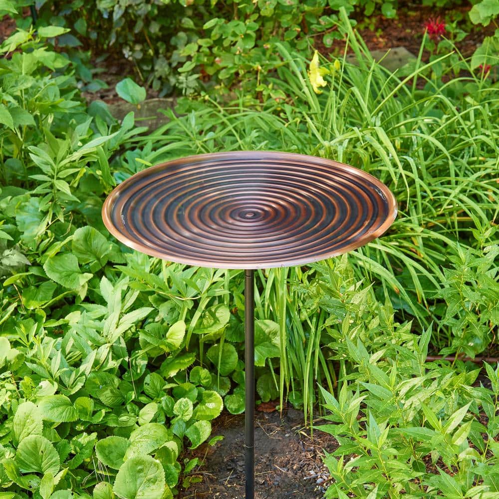 Large Bronze Copper Bird Bath with Metal Stake