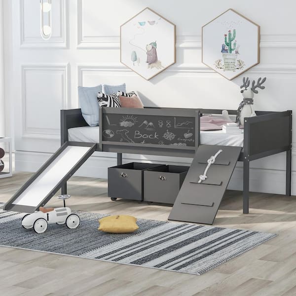 URTR Twin Size Wooden Low Loft Bed Frame with 2-Storage Boxes, Kids Loft Bed with Slide and Climbing Frame, Gray