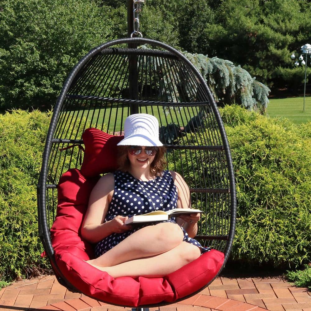 Julia Red Wicker Hanging Egg Chair with Cushions