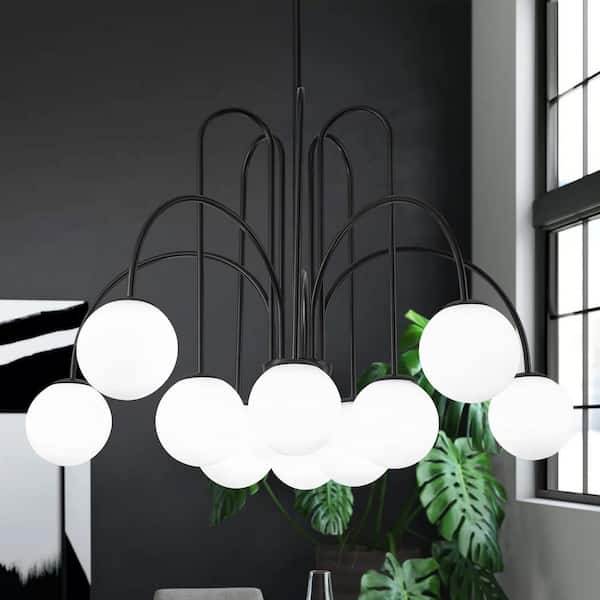 Rennnsan Ayden 10-Light Black Dimmable Sputnik Sphere Chandelier with Opal Glass Globe Bubble