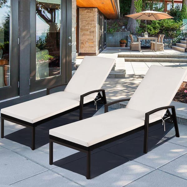 Brown Reclining Wicker Outdoor Lounge Chair Back Adjustable Recliner Chaise with White Cushion (2-Pack)