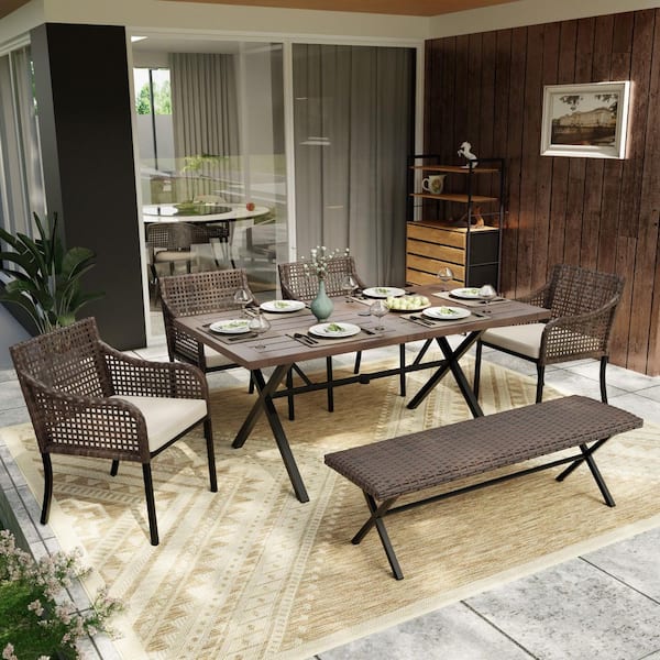 6-Piece Wicker Rattan Outdoor Dining Set with Beige Cushions, Single Chairs and Rectangle Dining Table