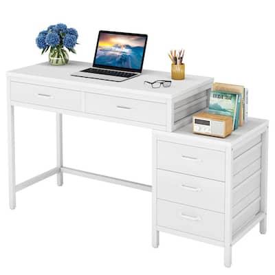 Cassey 51.18 in. Rectangular Industrial White Wood 5 Drawer Computer Desk Legs Reversible File Cabinet Printer Stand