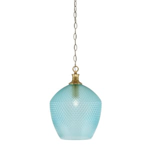 Tyler 60-Watt 1-Light New Age Brass Chain Mini Pendant Light with Turquoise Textured Glass Shade