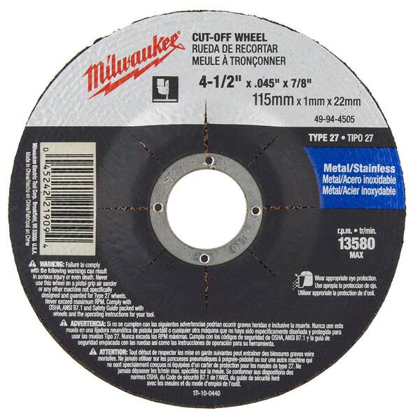 Milwaukee 4-1/2 in. x 0.045 in. x 7/8 in. Cut-Off Wheel (Type 27) 49-94 ...