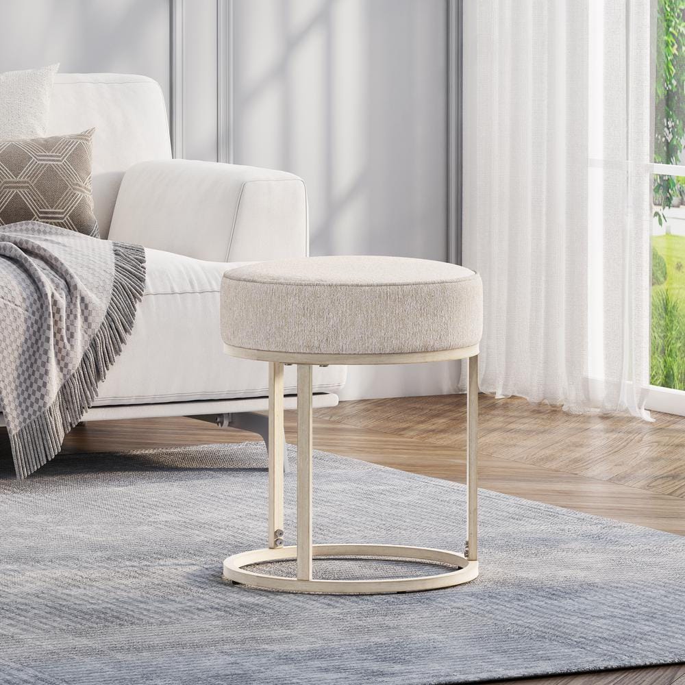 18" Bone White Upholstered Metal Vanity Stool with Round Seat