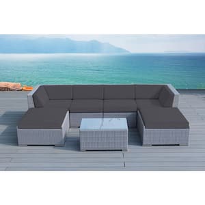 Ohana Gray 7-Piece Wicker Patio Seating Set with Sunbrella Coal Cushions