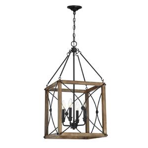 Open Cage 4-Light Painted Wood with Vintage Black Pendant