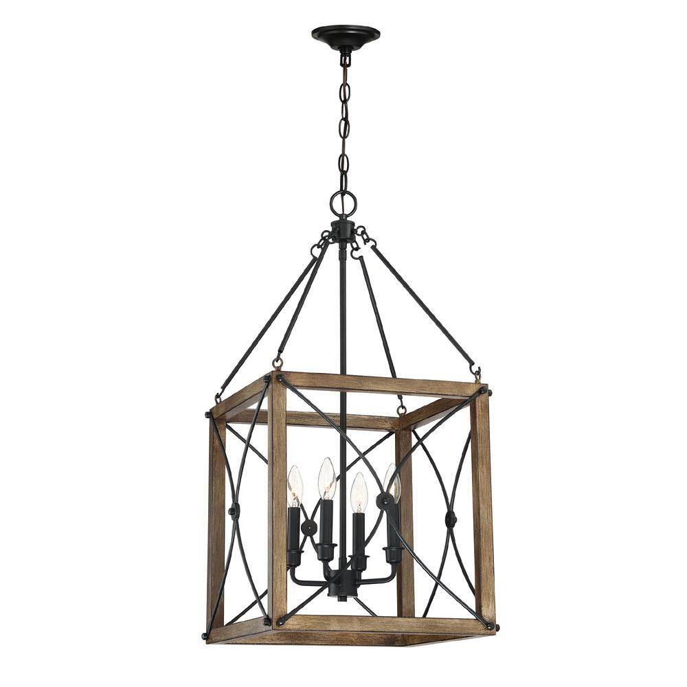 Cordelia Lighting Alden 60-Watt 4-Light Vintage Black and Wood Open Cage Pendant 2618-327 Sansujyuku sansujyuku.com