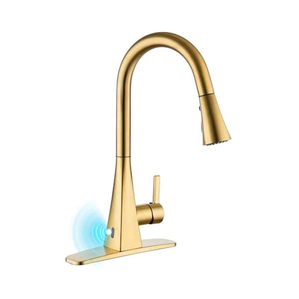 Smart Touchless Dual-Sensor Brushed Gold 17.3 in. H Pull-Down Kitchen Faucet with 360° Spout Swivel, 3-Function Sprayer