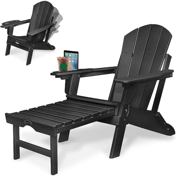 HARRIETT HOME LLC Black Reclining Plastic Adirondack Chair with Footrest