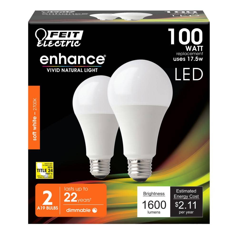 Feit Electric 100W Equivalent Soft White Dimmable LED Bulb 2-Pack