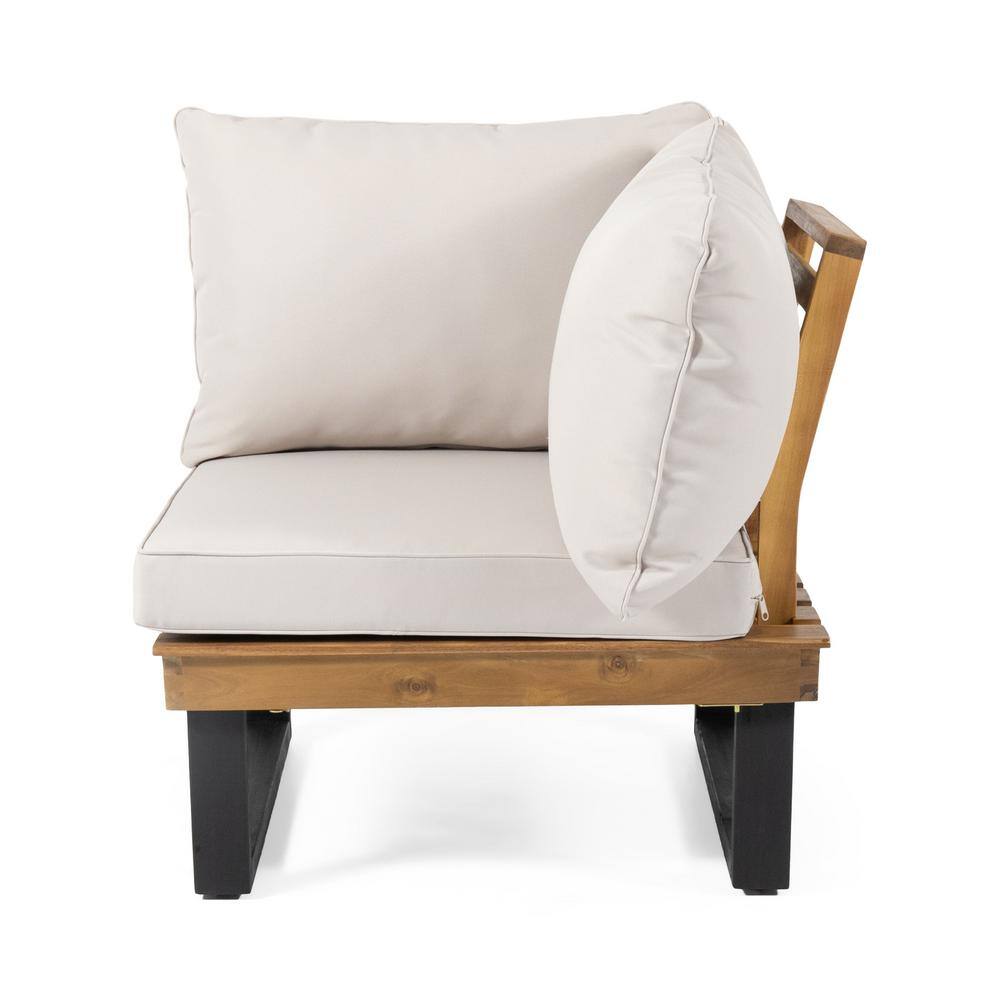 Teak Brown Four-Seater Sectional with Beige Cushions and Coffee Table