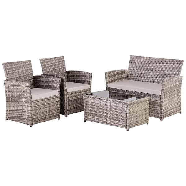 Sudzendf 4-Piece Gray Wicker Patio Conversation Set with Beige Cushions