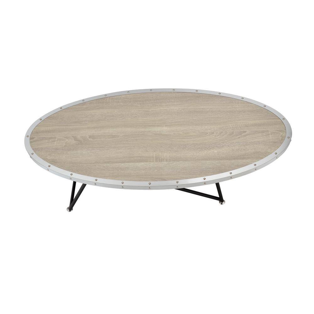 Weathered Gray Oak Oval Coffee Table with Metal Trim