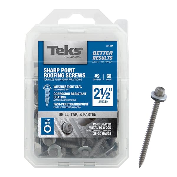 Teks #9 x 2-1/2 in. External Hex Washer Head Sharp Point Roofing Screws with Washer (60-per Pack)