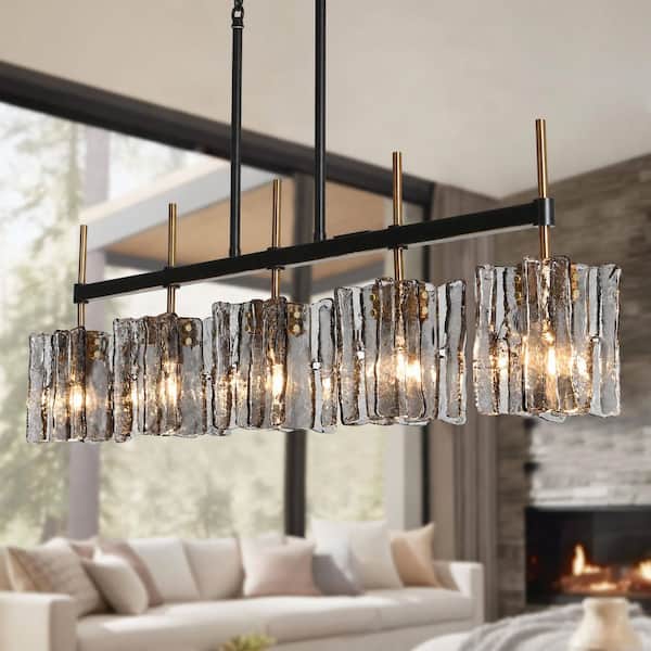 Echonalyri Modern 5-Light Glam 35.4 in. W Black and Brass Island Chandelier with Geometric Gray Textured Glass Shades