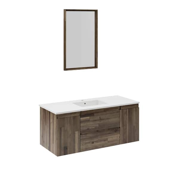 Fresca Formosa 48 in. Single Sink Wall Mount Acacia Bath Vanity with White Quartz Top, Undermount Ceramic Sink and Mirror