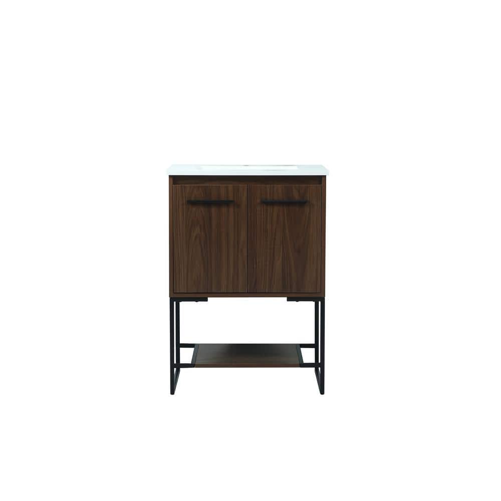 Simply Living 24 in. Single Bathroom Vanity in Walnut with Engineered Marbl