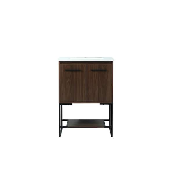 Unbranded Simply Living 24 in. Single Bathroom Vanity in Walnut with Engineered Marble Vanity Top in Ivory White